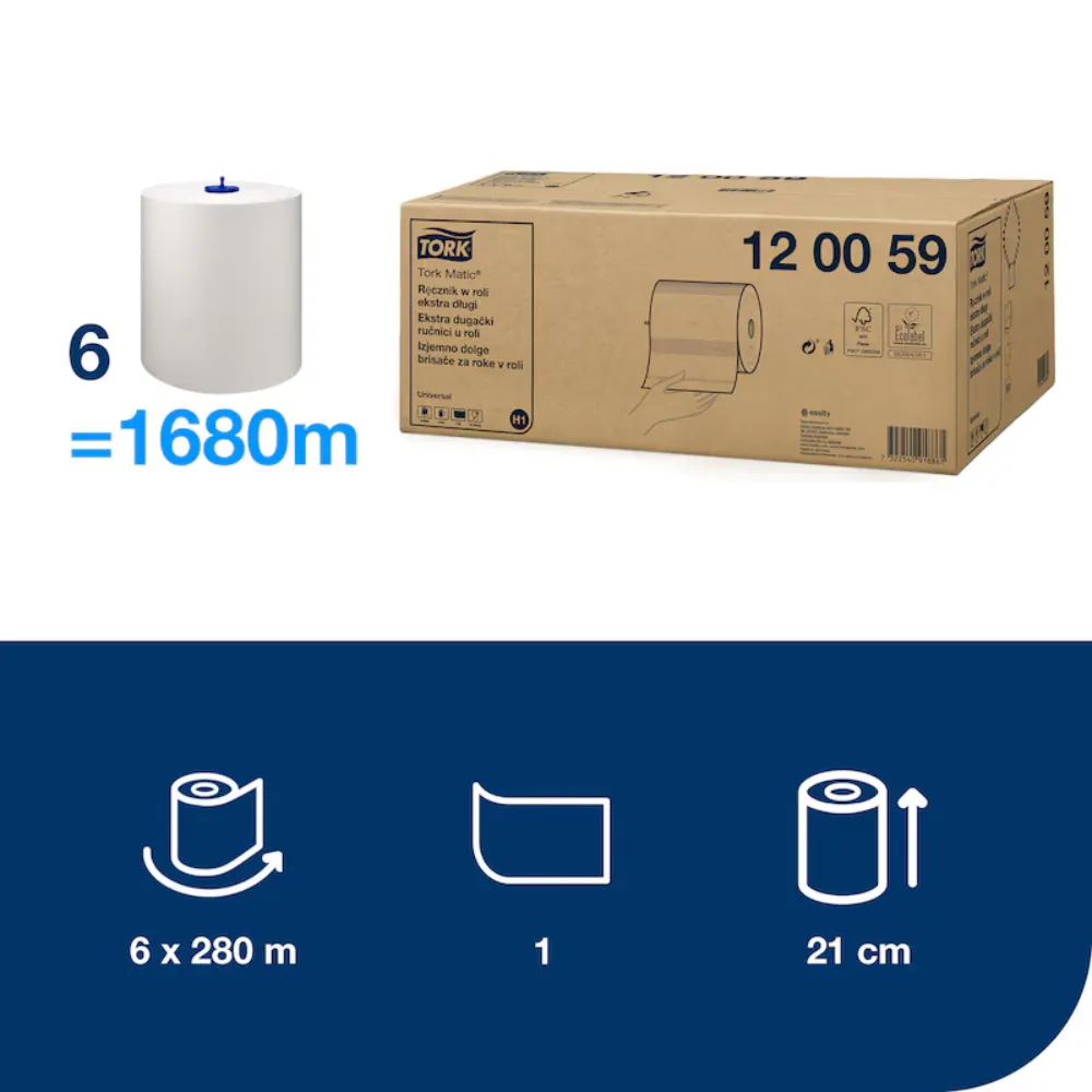 Tork Matic extra hosszú tekercses papír kéztörlő, fehér, 1 réteg, D19, 280 m, H1, 6 tek./karton