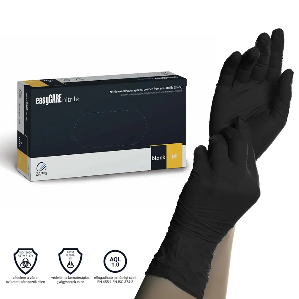 [ZARNBCM10001] Zarys EasyCare púdermentes nitril kesztyű, fekete, M, 100 db