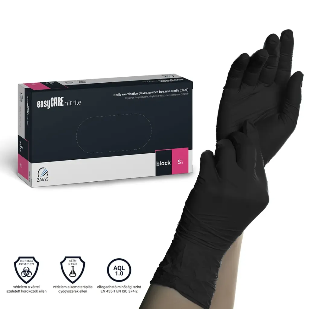 [ZARNBCS10001] Zarys EasyCare púdermentes nitril kesztyű, fekete, S, 100 db
