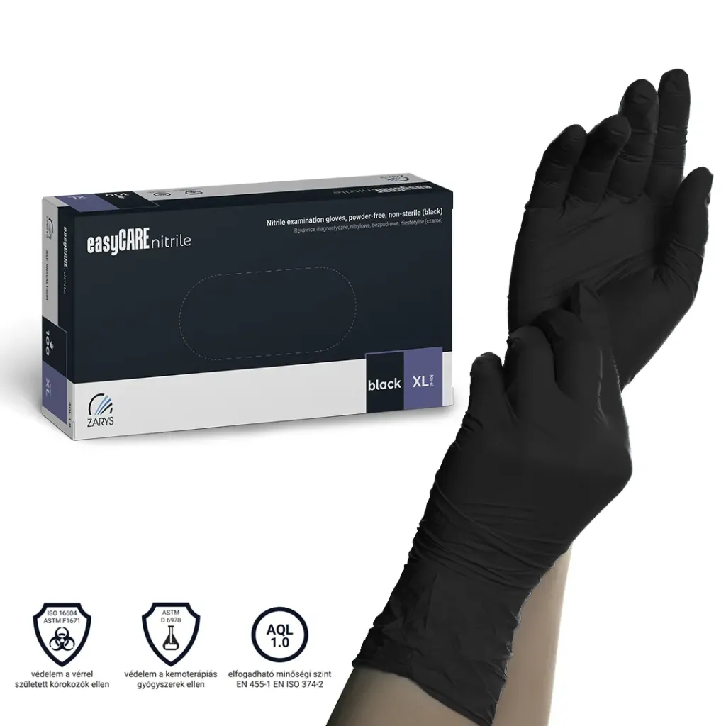 Zarys púderm. nitril kesztyű, fekete, XL, 100 db