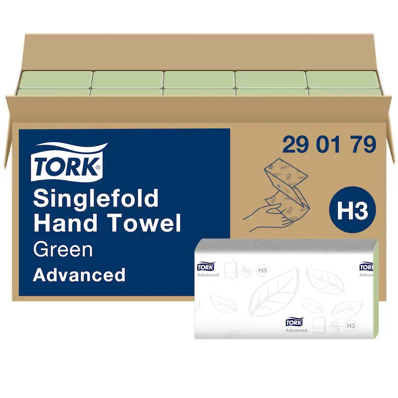 Tork Singlefold papír kéztörlő, zöld, 2 réteg, 23 x 24,8 cm, 15 csom./karton, V hajtás, H3