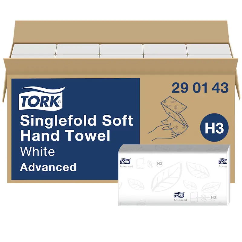 [TO290143] Tork Soft Singlefold papír kéztörlő, fehér, 2 réteg, 23 x 22,6 cm, 15 csom./karton, V hajtás, H3