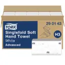Tork Soft Singlefold papír kéztörlő, fehér, 2 réteg, 23 x 22,6 cm, 15 csom./karton, V hajtás, H3