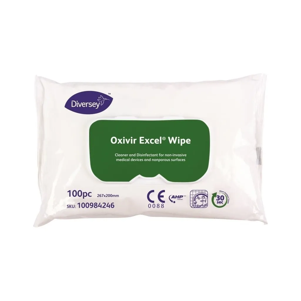 Diversey Di Oxivir Excel Wipe törlőkendő, széles hatásspektrummal, vízálló kemény felületekre és nem invazív orvostechnikai eszközökhöz