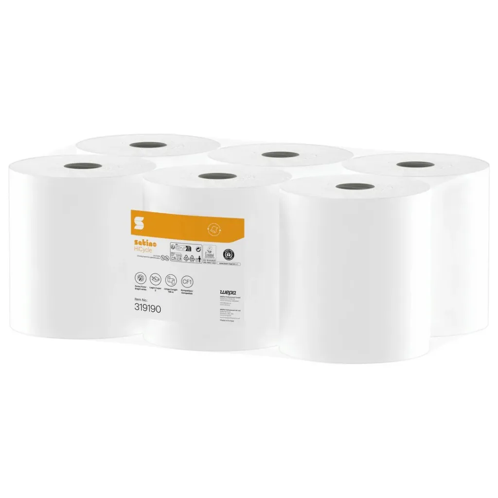 [WE319190] Wepa HiCycle belsőmagos papírtörlő, fehér, 2 réteg, 20x35, 138 m, 6 tek./karton , ex:WE316750