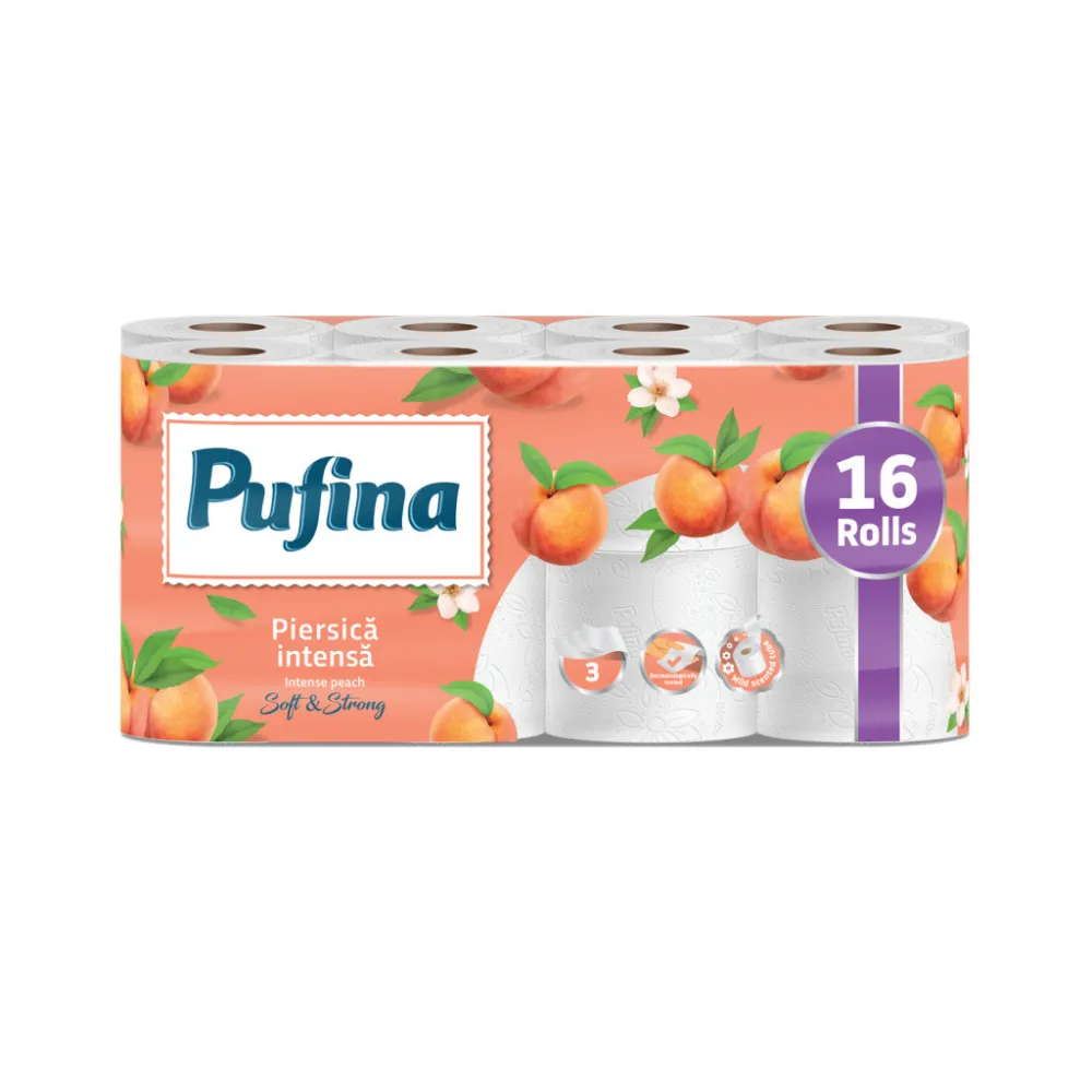 [KTPP20922] Pufina, kistekercses toalettpapír, fehér, 3 réteg, 16 tek./karton, 140 lap, barack illat