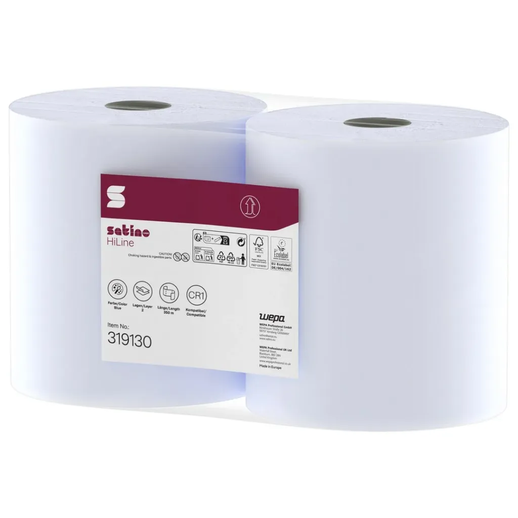 [WE319130] Wepa HiLine ipari törlőpapír tekercses, 2 réteg, cellulóz, kék, 23×35 cm, 350 m, 2 tek./karton, EX:WE305260
