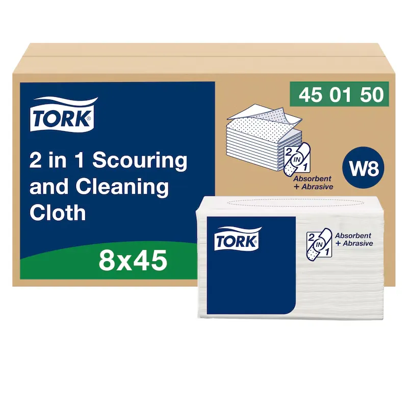 [TO450150] Tork 2 az 1-ben súroló- és tisztítókendő, fehér, 38,5 × 30 cm, 45 db/csomag, W8, 8 csomag/karton