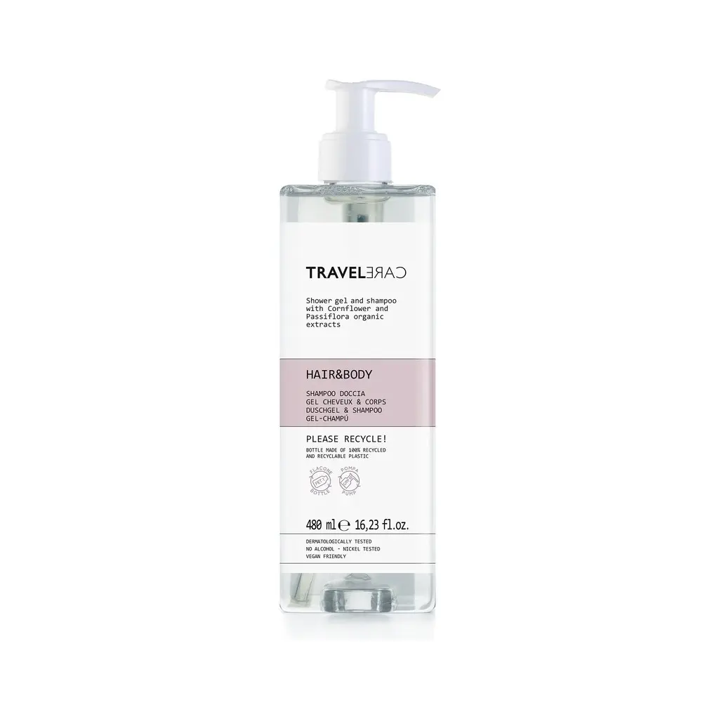 Travel Care, sampon és tusfürdő, nem utántölthető, 480 ml